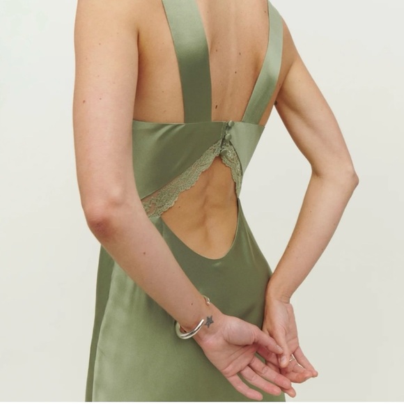 Reformation Chania Silk Dress in Artichoke Green Maxi Sleeveless Lace - Picture 3 of 14